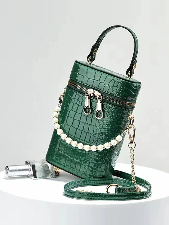 Elegant Crocodile Embossed Faux Pearls Beaded MIni Handbag with Detachable Crossbody Strap