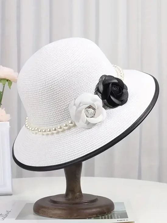 Elegant Imitation Pearl Camellia Handmade Straw Sun Hat