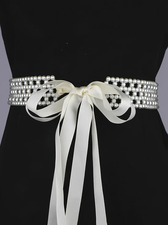 Elegant Imitation Pearl Braided Hollow Out Bowknot Belt