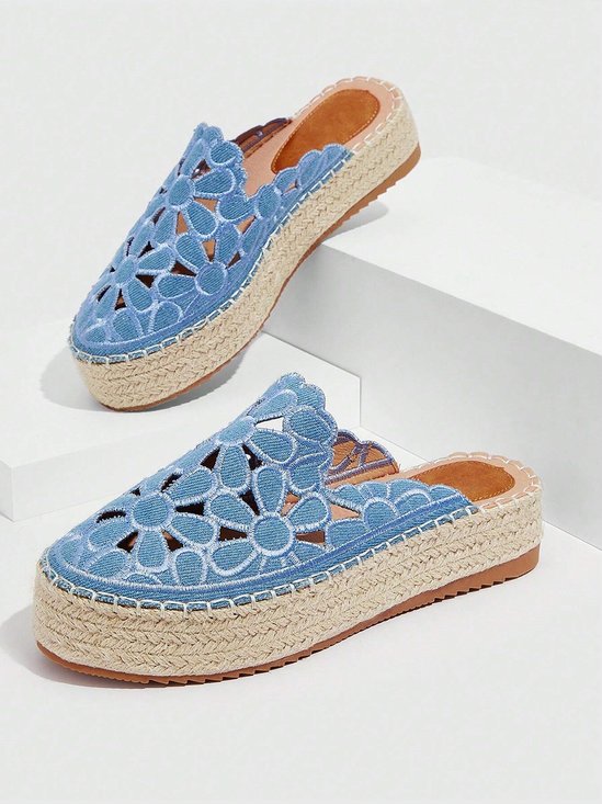 Hollow Out Floral Embroidered Platform Espadrille Mules