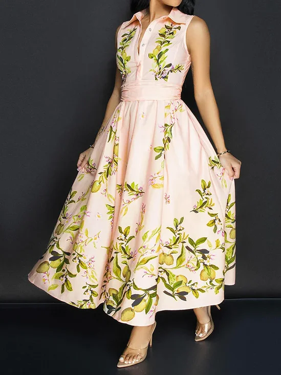 Elegant Floral Loose Shirt Collar Sleeveless Maxi Dress With Belt