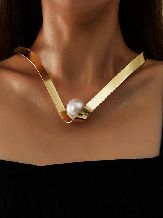 Faux Pearl V-Neck Collar Necklace