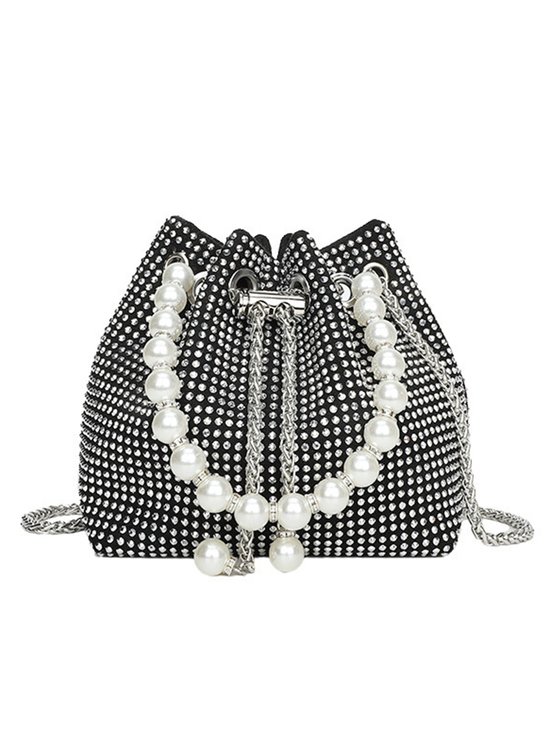 Sparkling Rhinestone Imitation Pearl Handle Bucket Bag Metal Chain Crossbody Bag