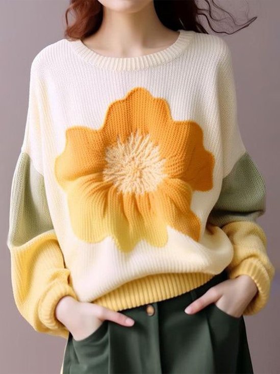 Floral Crew Neck Loosen Long Sleeves Casual Sweater