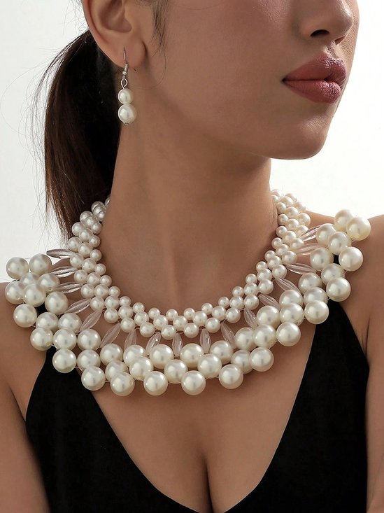 1 Set Elegant Imitation Pearl Jewelry Set Exaggerated Beaded  Necklace
