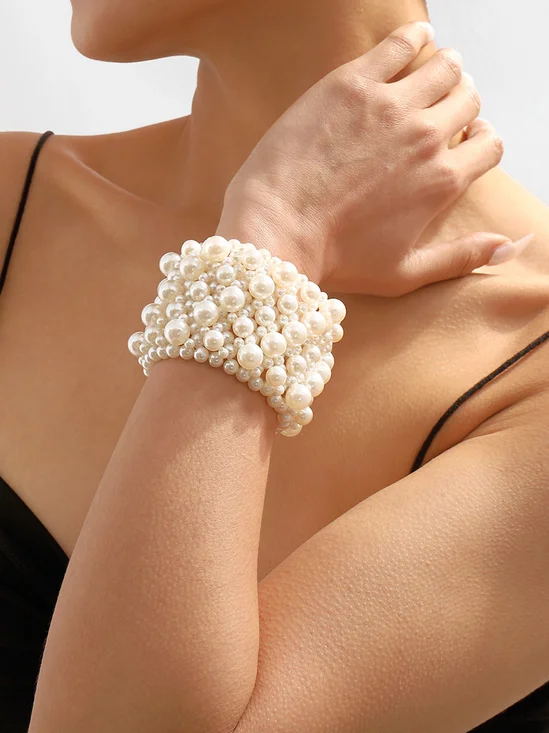 Elegant Faux Pearl Beaded Wide Bracelet