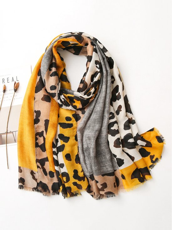 Casual Colorblock Leopard Fringed Scarf