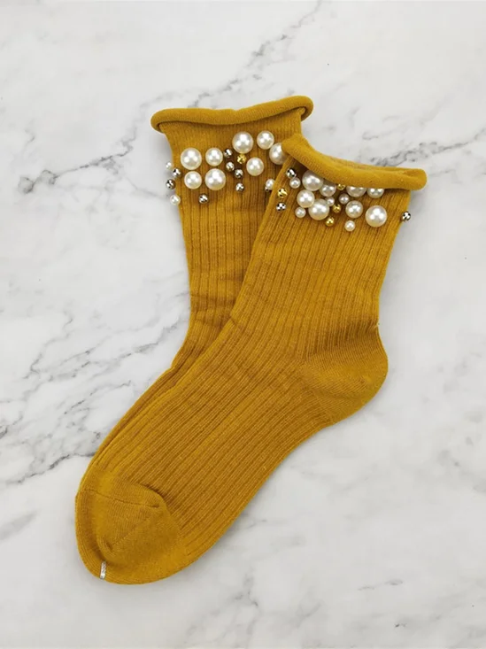 1pair Faux Pearl Beaded Mid-calf Socks