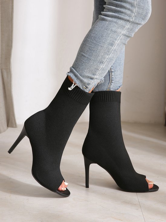 Minimalist Black Elastic Mesh Fabric Stiletto Heel Peep Toe Boots