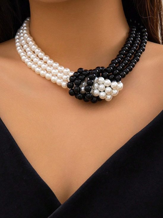 Elegant Color-block Faux Pearl Bead Multi-layer Necklace