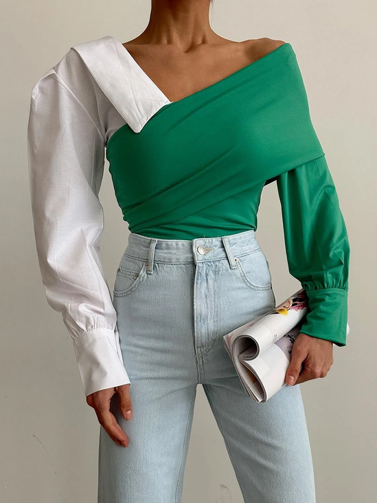 Micro-Elasticity Off Shoulder Sleeve Regular Fit Urban Asymmetrical Long Shirt