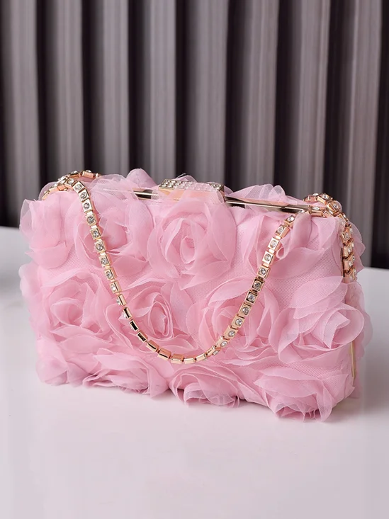 Elegant Mesh Rose Applique Clutch Bag with Rhinestone Handle