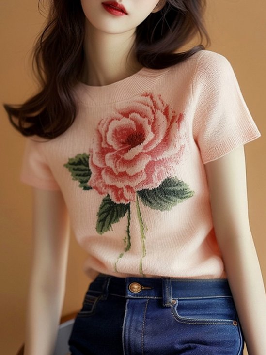 Daily Floral Crew Neck Short Sleeve Sweater