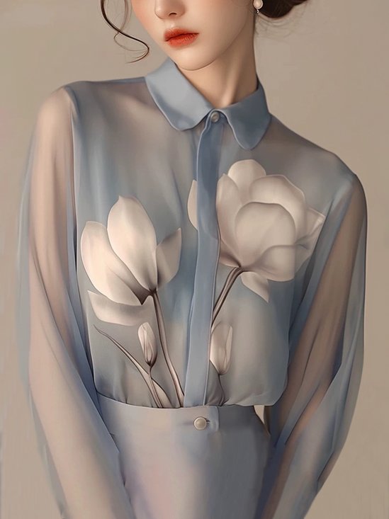 Loose Elegant Floral Shirt Collar Long Sleeve Shirt