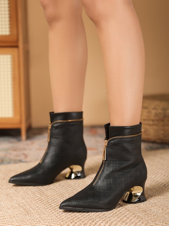 Black Embossed Front Zip Spool Heel Dress Boots