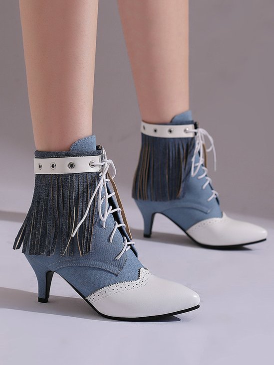 Color Block Denim Fringed Kitten Heel Fashion Boots