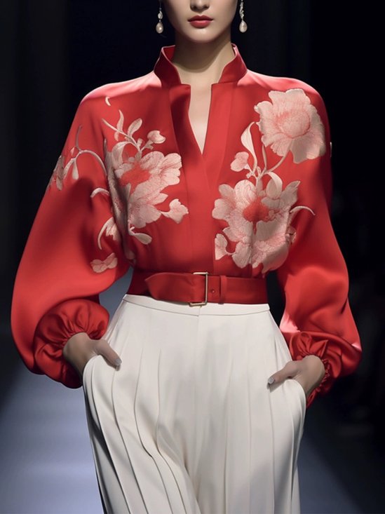 Balloon Sleeve Stand Collar Satin Elegant Floral Shirt