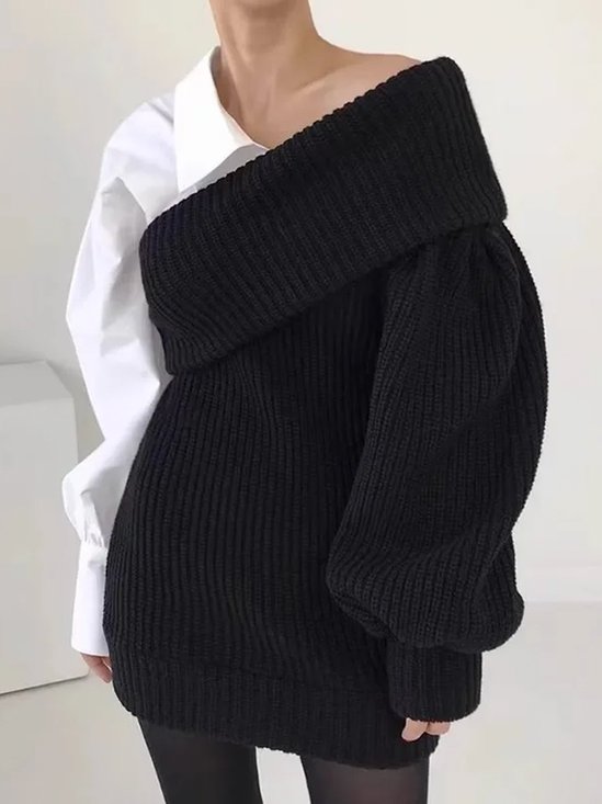 Regular Fit One Shoulder Sleeve Urban Plain Sweater With Not Shirt