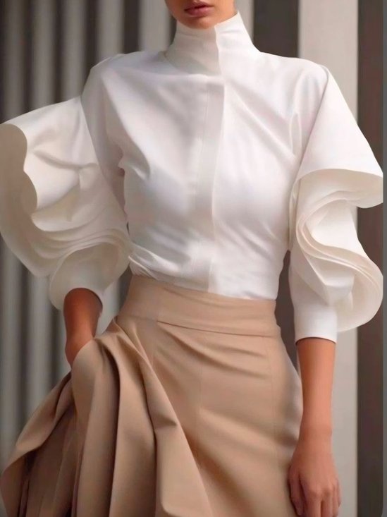 Ruffle Sleeve Elegant Mock Neck Shirt