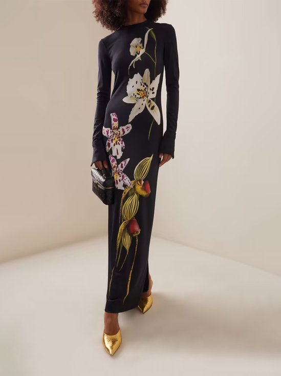 Regular Sleeve Crew Neck Elegant Floral Maxi Dress