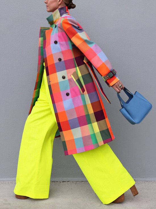 Color Plaid Urban Long Sleeve Trench Coat With Belt