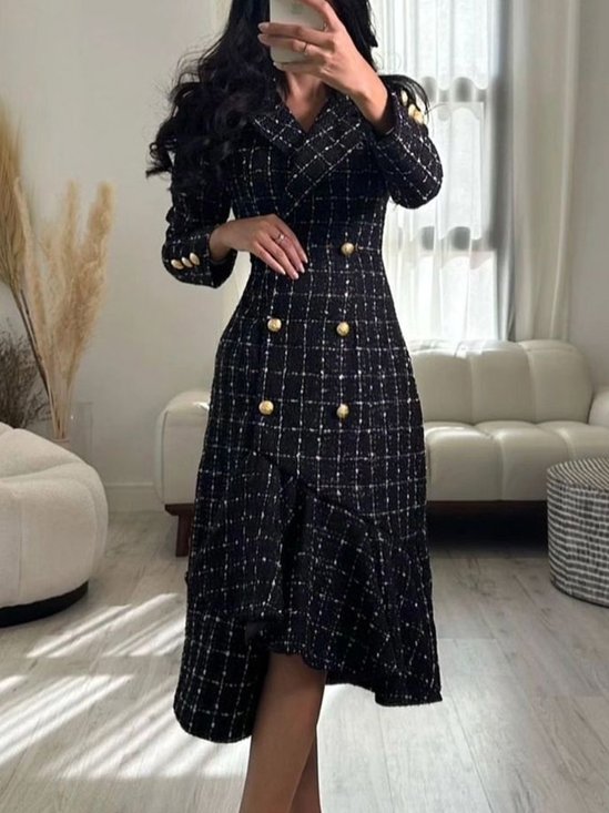 Regular Fit Plaid Elegant Long Sleeve Midi Dress