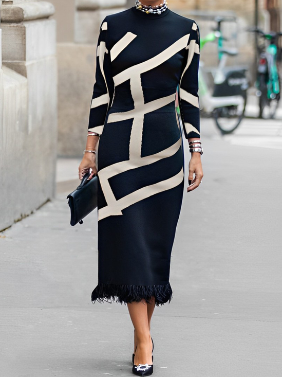 Elegant Geometric Fringe Midi Dress