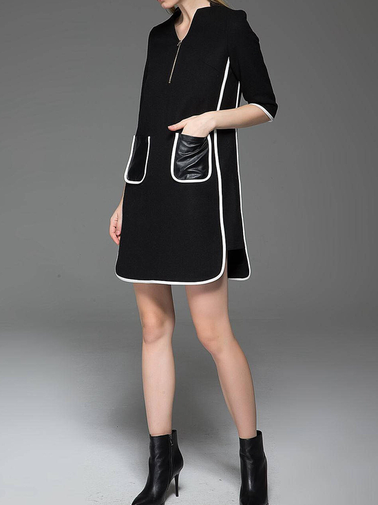 Loose Regular Sleeve Urban Stand Collar Half Sleeve Color Block Mini Dress