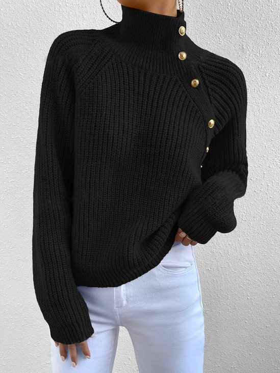 Daily Buttoned Plain Casual Long Sleeve Sweater