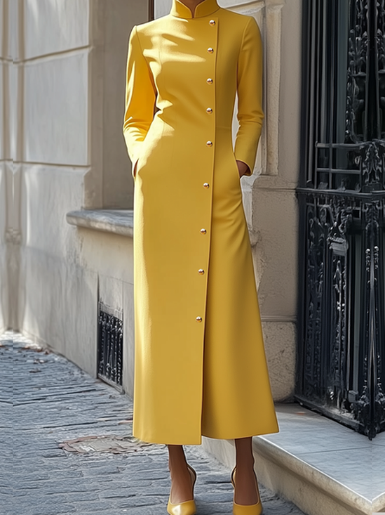 Elegant Stand Collar Long Sleeve Maxi Dress