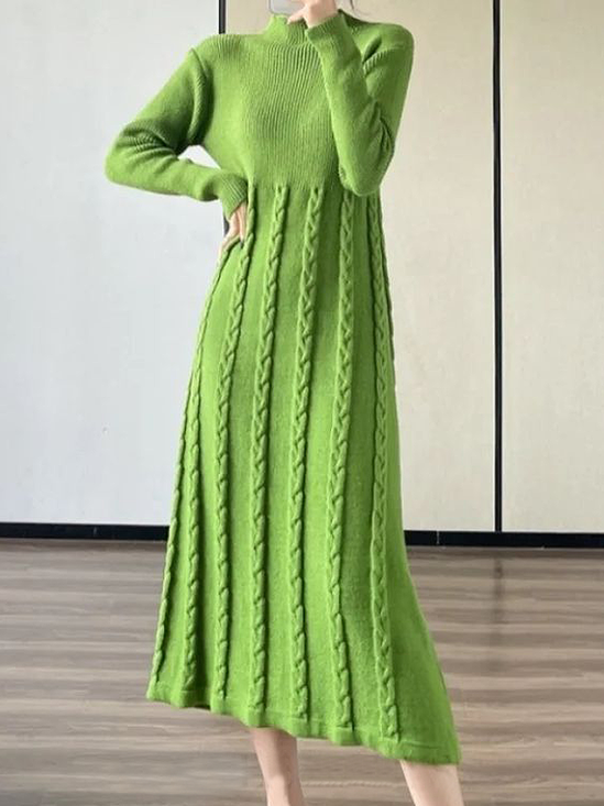 High Elasticity Regular Fit Elegant Regular Sleeve Stand Collar Long Sleeve Maxi Sweater Dress