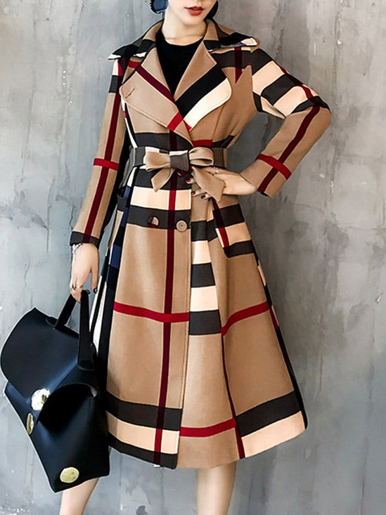 Regular Fit Urban Plaid Long Sleeve Coat With Belt