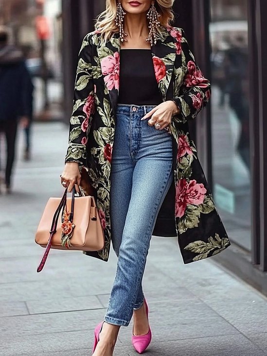 Urban Lapel Collar Long Sleeve Floral Coat