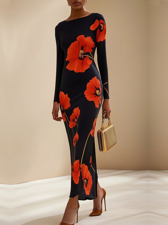 Elegant Crew Neck Regular Fit Floral Dress