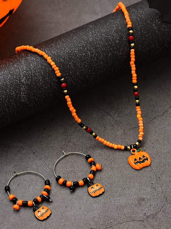 Halloween Pumpkin Pattern Dangle Chain Necklaces Set