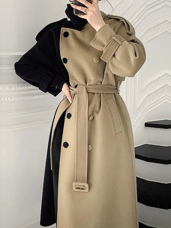 Color Block Loose Long Sleeve Raglan Sleeve Urban Turtleneck Mid-long Coat