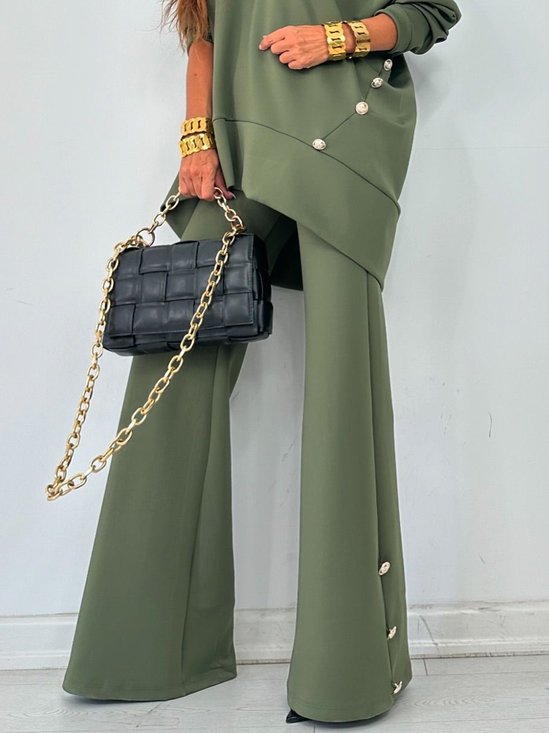 Casual Buttoned Plain Wide leg Pants