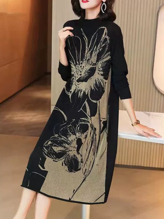 Elegant Crew Neck Floral Loose Sweater Dress