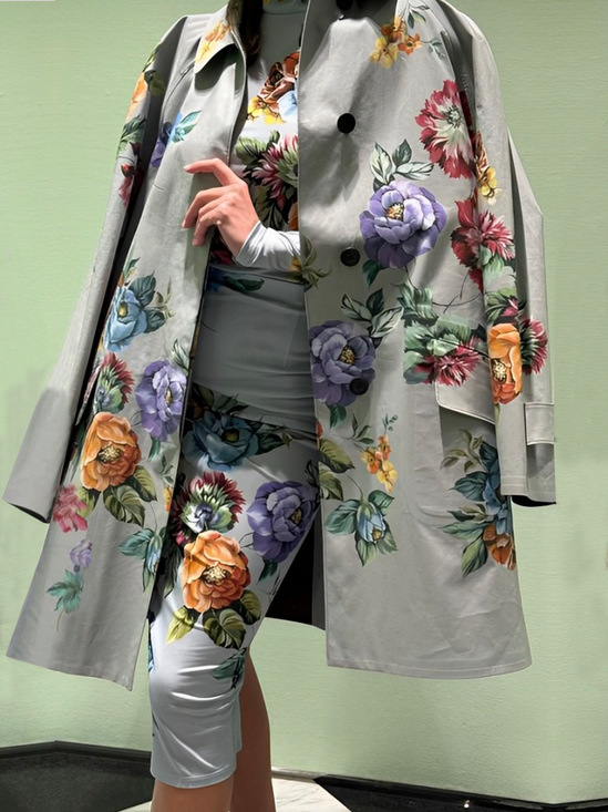 Shirt Collar Long Sleeve Loose Floral Urban Trench Mid-long Coat