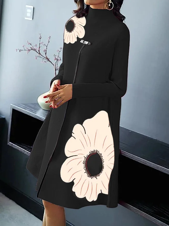 High Elasticity Regular Sleeve Loose Long Sleeve Floral Elegant Stand Collar Mini Dress