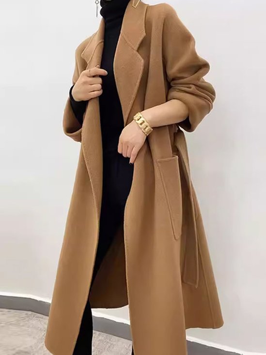 Pocket Stitching Lapel Collar Regular Sleeve Urban Coat With Belt