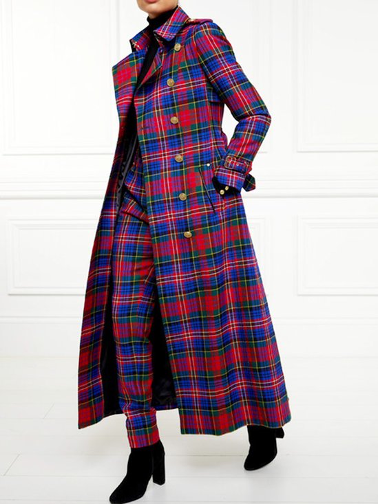 Lapel Collar Urban Pocket Stitching Regular Sleeve Plaid Coat