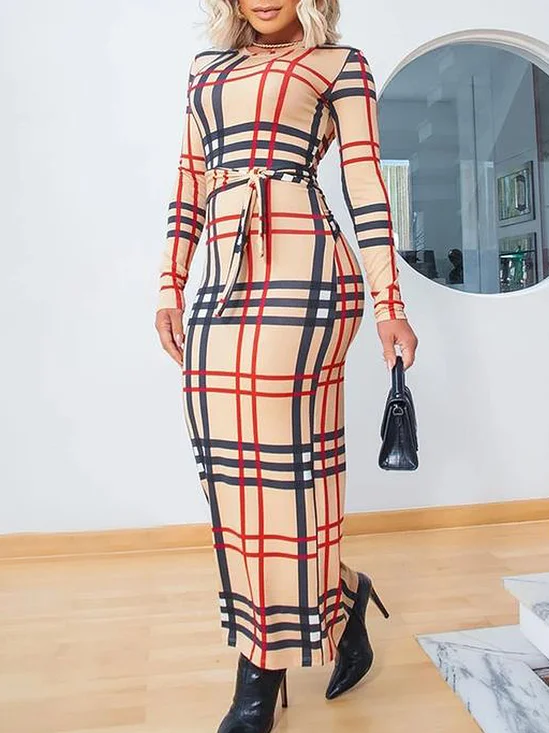 High Elasticity Tight Plaid Crew Neck Long Sleeve Elegant Regular Sleeve Maxi Dress With Belt