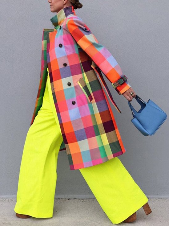 Plus Size Color Plaid Urban Trench Coat With Belt