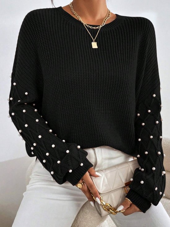 Plain Crew Neck Urban Long Sleeve Beaded Sweater