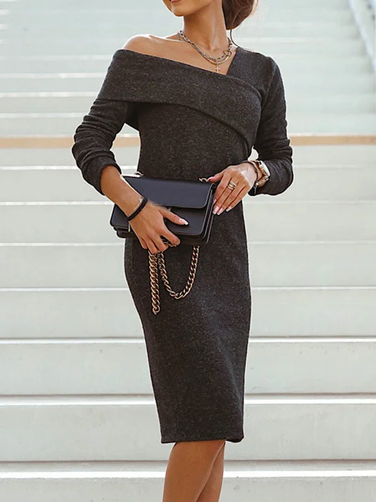 Asymmetric Tight Elegant Asymmetrical Long Sleeve Regular Sleeve Knee Length Dress