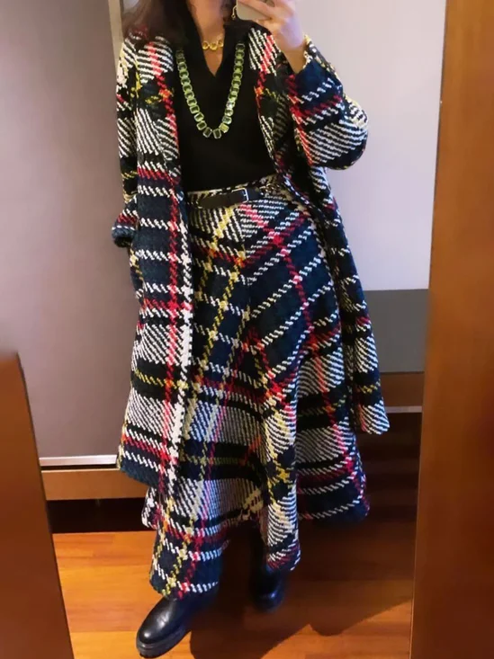 Shawl Collar Regular Sleeve Loose Urban Plaid Coat