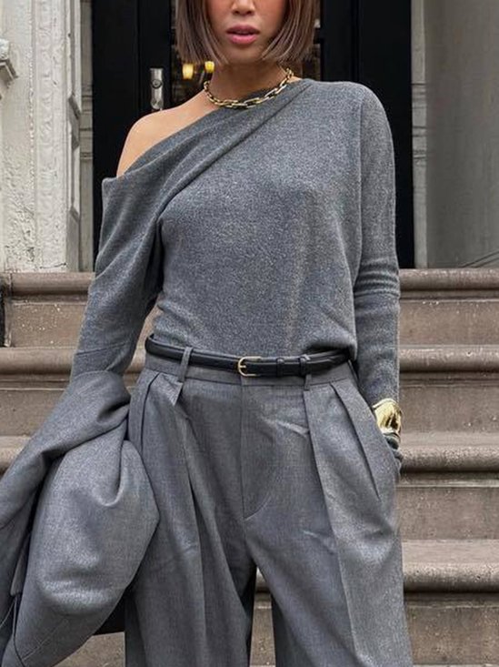 Plain Urban Loose Cold Shoulder Sweater