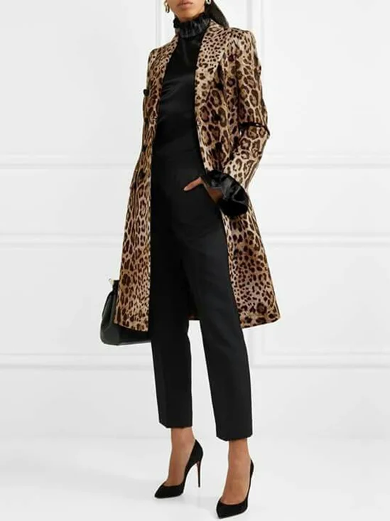 Leopard  Urban Lapel Collar Long Sleeve Coat