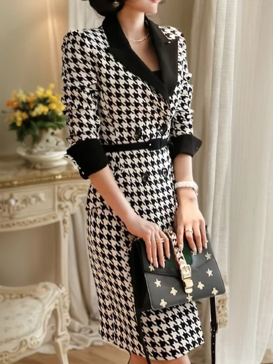 Urban Regular Sleeve Split Joint Houndstooth Lapel Collar Dress With Belt